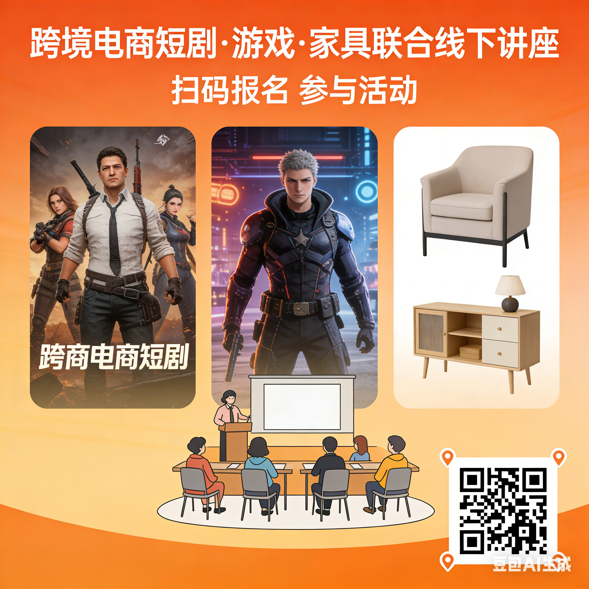 跨境电商短剧、游戏、家具线下讲座的宣传-龙门出海